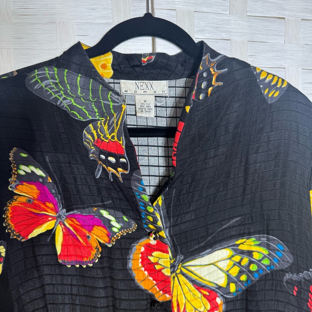 Nexx Silk Linen Black Artsy Whimsical Butterfly Kimono Button Down Jacket Sz 1X - Picture 2 of 12